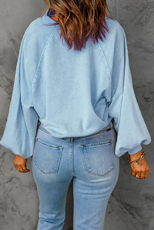 Lantern Sleeve Snap Button Placket Washed Pullover Casual Round Neck Sweatshirt